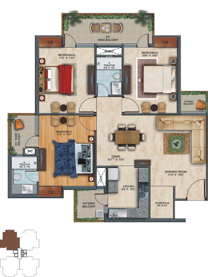 3 BHK Floor Plan