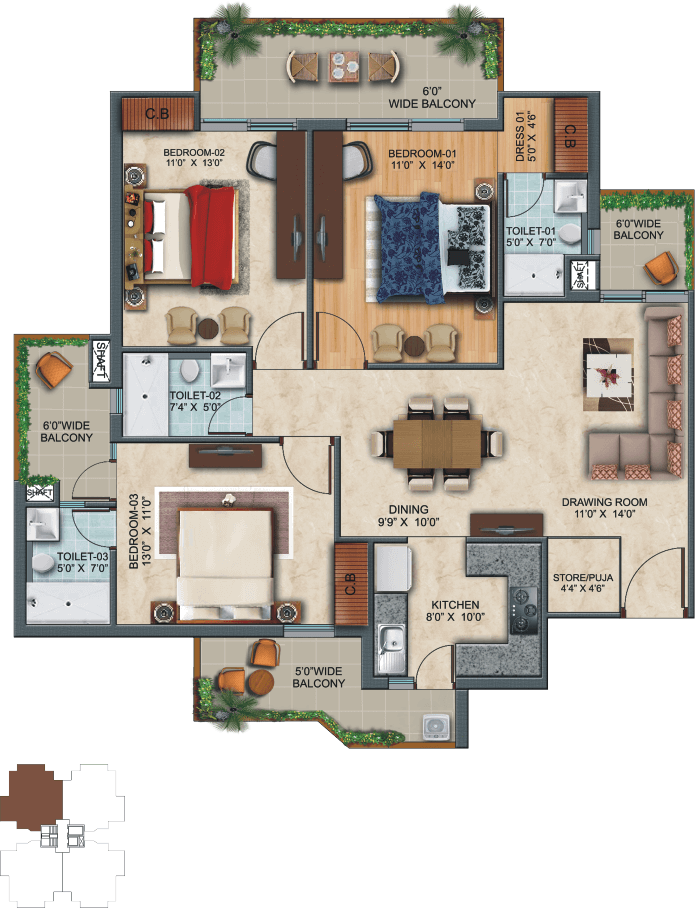 3 BHK Elite Floor Plan