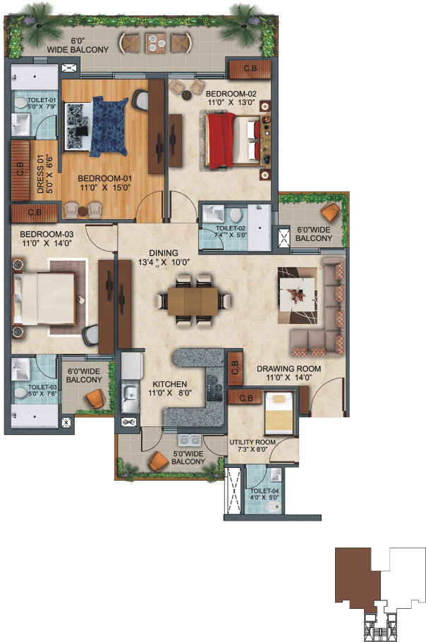 3 BHK Elite + Servant Floor Plan